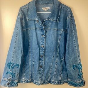 NWOT A.M.I. Women’s Blue Denim Jacket with Beaded Floral Embroidered Details